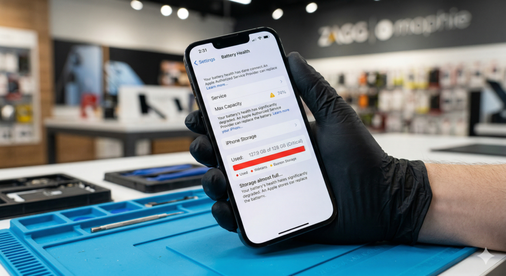 Close-up of a ZAGG technician holding a smartphone displaying degraded battery health and full storage warnings, standing at a blue repair mat inside a ZAGG store.