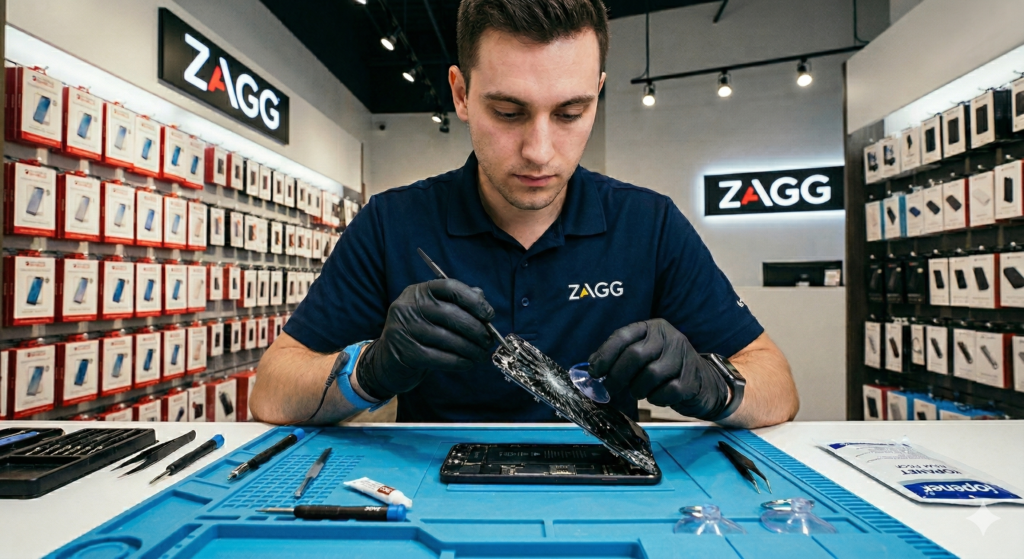 An expert ZAGG authorized repair technician prying off a broken phone screen with precision tools and a suction cup, surrounded by InvisibleShield products in a clean store environment.