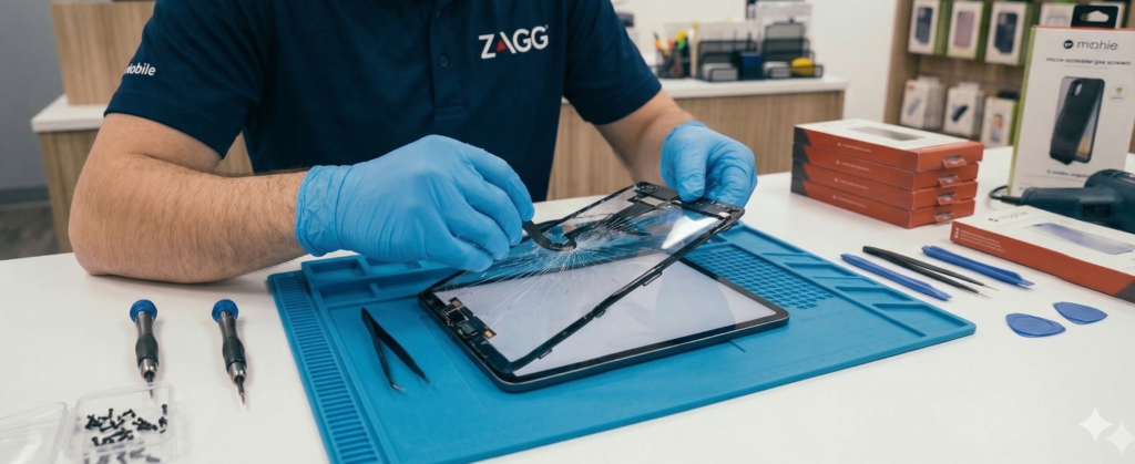 A detail-focused photograph taken at a close-up, high-angle perspective on the blue grid technician mat, critically capturing the gloved hands (blue nitrile gloves, likeness consistent with image_117.png) of the male technician meticulously removing a damaged, shattered internal screen flex cable and glass assembly from a space grey iPad frame (approx. 11-inch model). His hands are guiding and peeling away the damaged old part, revealing a pristine, flawless new replacement display panel surface below it. Various precision metal tools: micro-screwdrivers with distinct handles, fine tweezers, spudger tools, a small clear container of micro-screws, a heat gun tip, and several generic plastic prying picks are neatly arranged on the blue mat. In the softly blurred background of the counter neat stacks of red packaging boxes and blurred product details are visible. The scene is immaculate. The lighting is bright and clean track lighting. Focus is strictly on the technician's hands, the damaged part, the tools, and the flawless new screen, highlighting the different states. Text on the new screen is generic neutral content.
